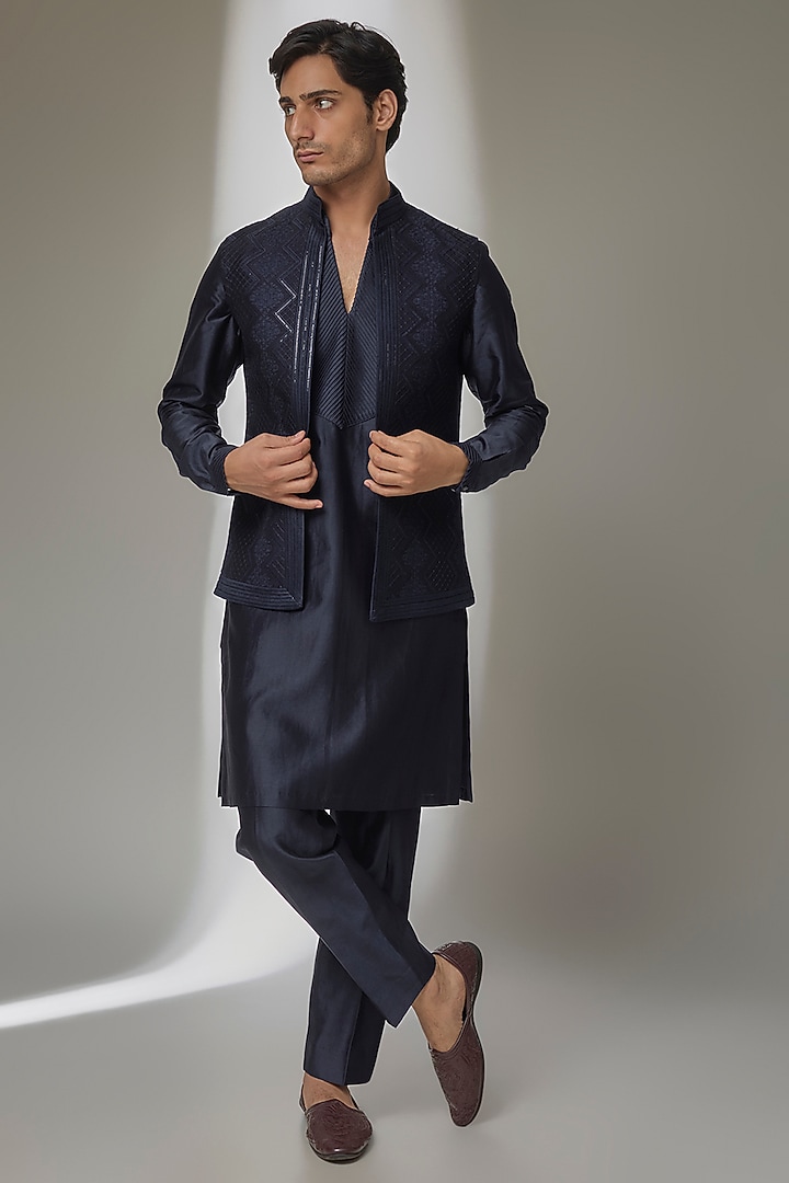 Navy Blue Dola Silk Thread Embellished Open Nehru Jacket Set by SALIL BHATIA at Pernia's Pop Up Shop