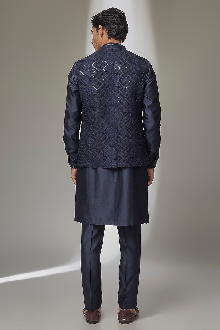 Navy Blue Dola Silk Thread Embellished Open Nehru Jacket Set by SALIL BHATIA at Pernia's Pop Up Shop