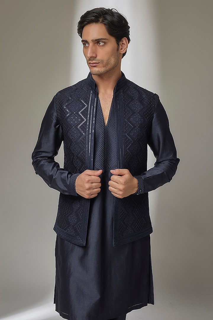 Navy Blue Dola Silk Thread Embellished Open Nehru Jacket Set by SALIL BHATIA at Pernia's Pop Up Shop