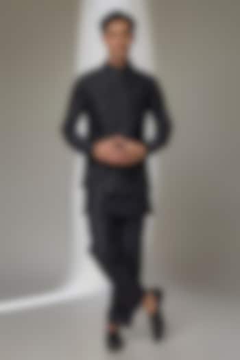 Black Pure Raw Silk Zari Embellished Nehru Jacket Set by SALIL BHATIA at Pernia's Pop Up Shop