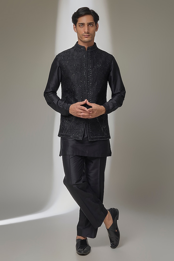 Black Pure Raw Silk Zari Embellished Nehru Jacket Set by SALIL BHATIA at Pernia's Pop Up Shop