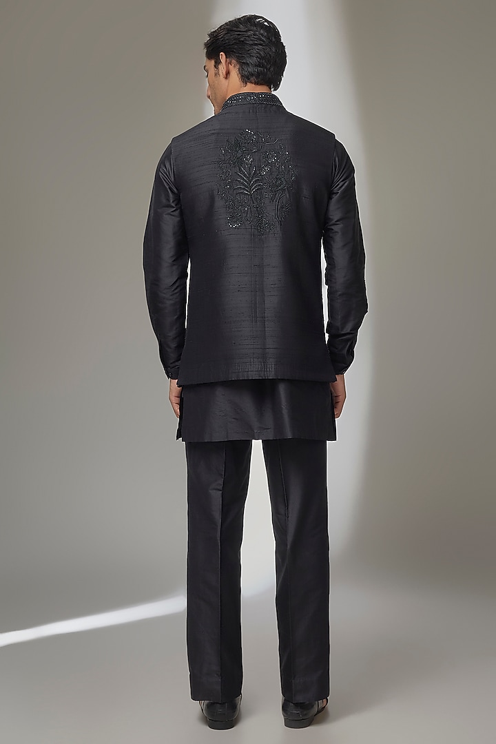 Black Pure Raw Silk Zari Embellished Nehru Jacket Set by SALIL BHATIA at Pernia's Pop Up Shop