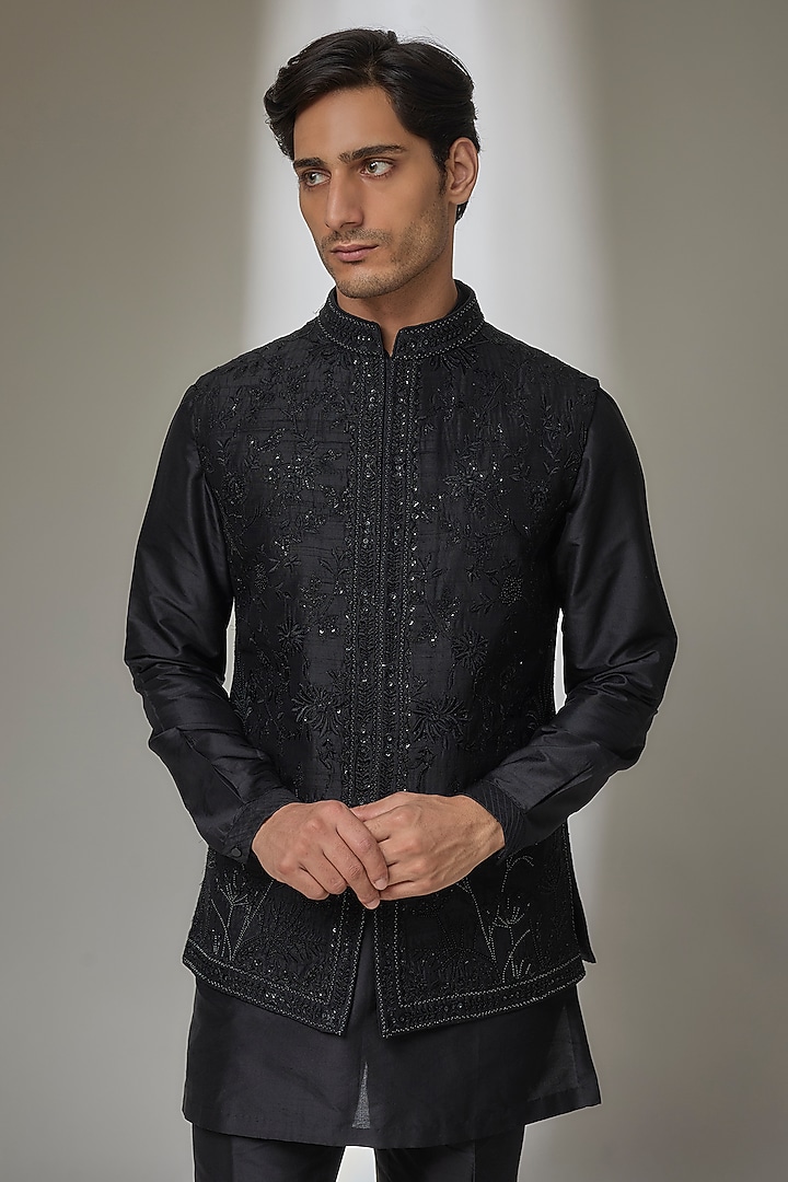 Black Pure Raw Silk Zari Embellished Nehru Jacket Set by SALIL BHATIA at Pernia's Pop Up Shop