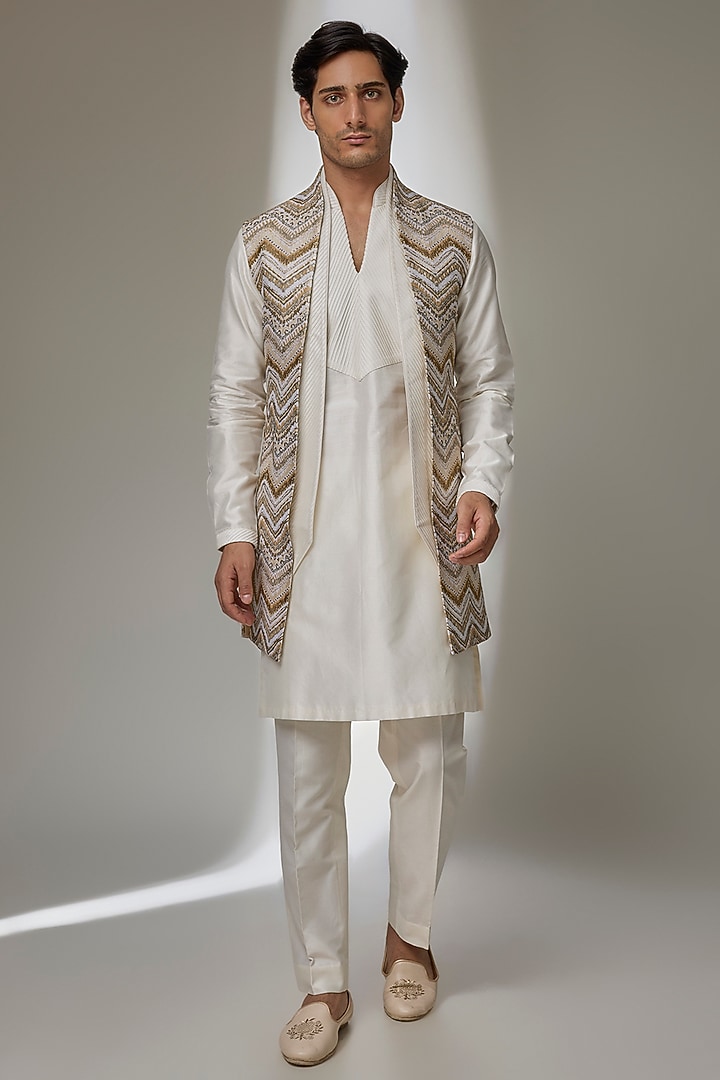 Ivory Jacquard Wedding Indowestern Set by SALIL BHATIA at Pernia's Pop Up Shop