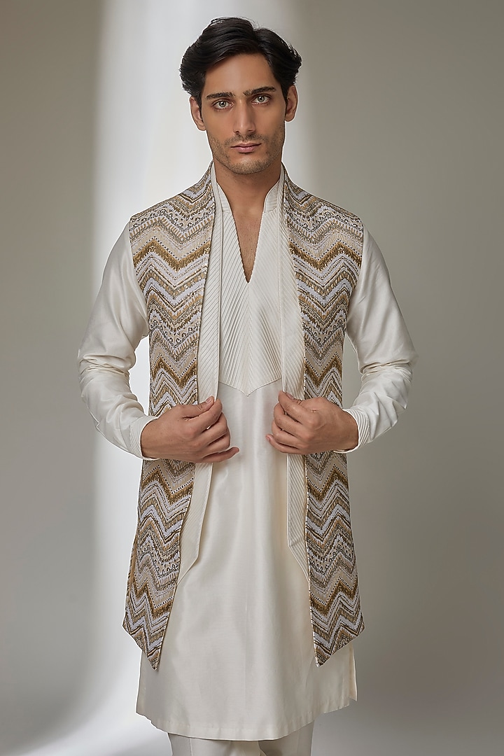 Ivory Jacquard Wedding Indowestern Set by SALIL BHATIA at Pernia's Pop Up Shop