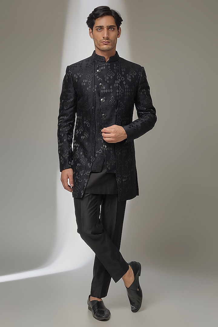 Black Silk Chanderi Zari Embellished Wedding Indowestern Set by SALIL BHATIA at Pernia's Pop Up Shop