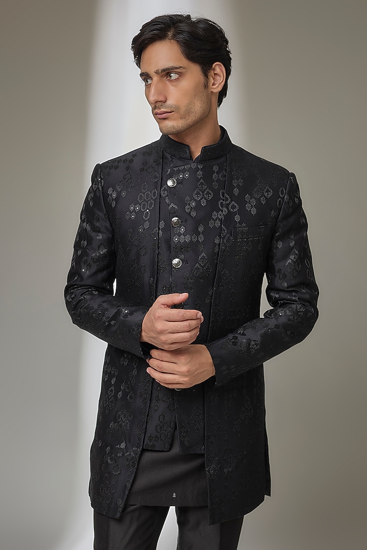 Black Silk Chanderi Zari Embellished Wedding Indowestern Set by SALIL BHATIA at Pernia's Pop Up Shop