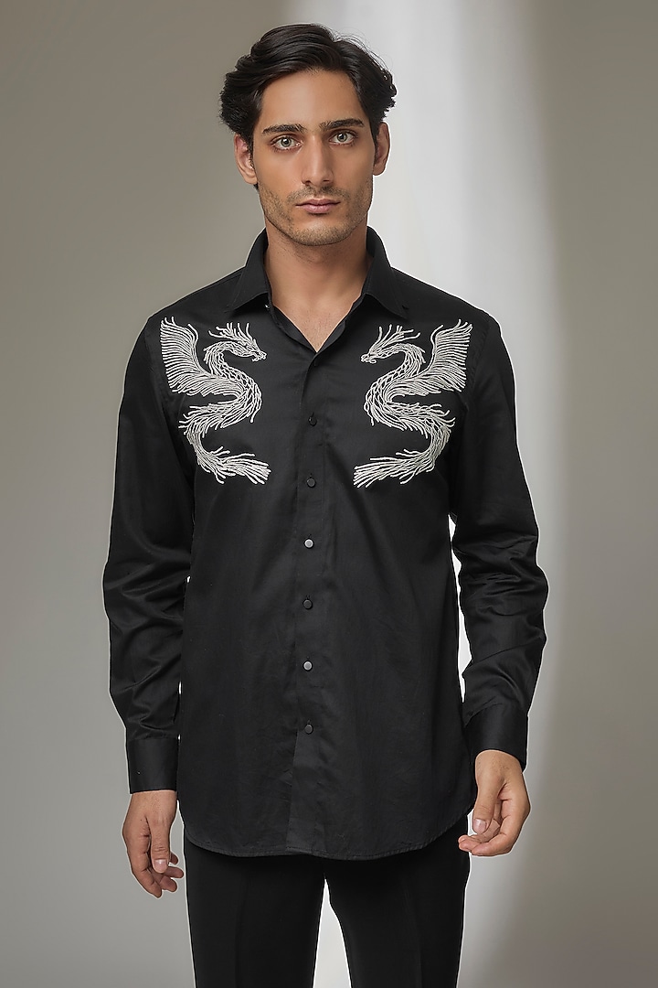 Black Premium Giza cotton Embroidered Party Wear Shirt by SALIL BHATIA at Pernia's Pop Up Shop