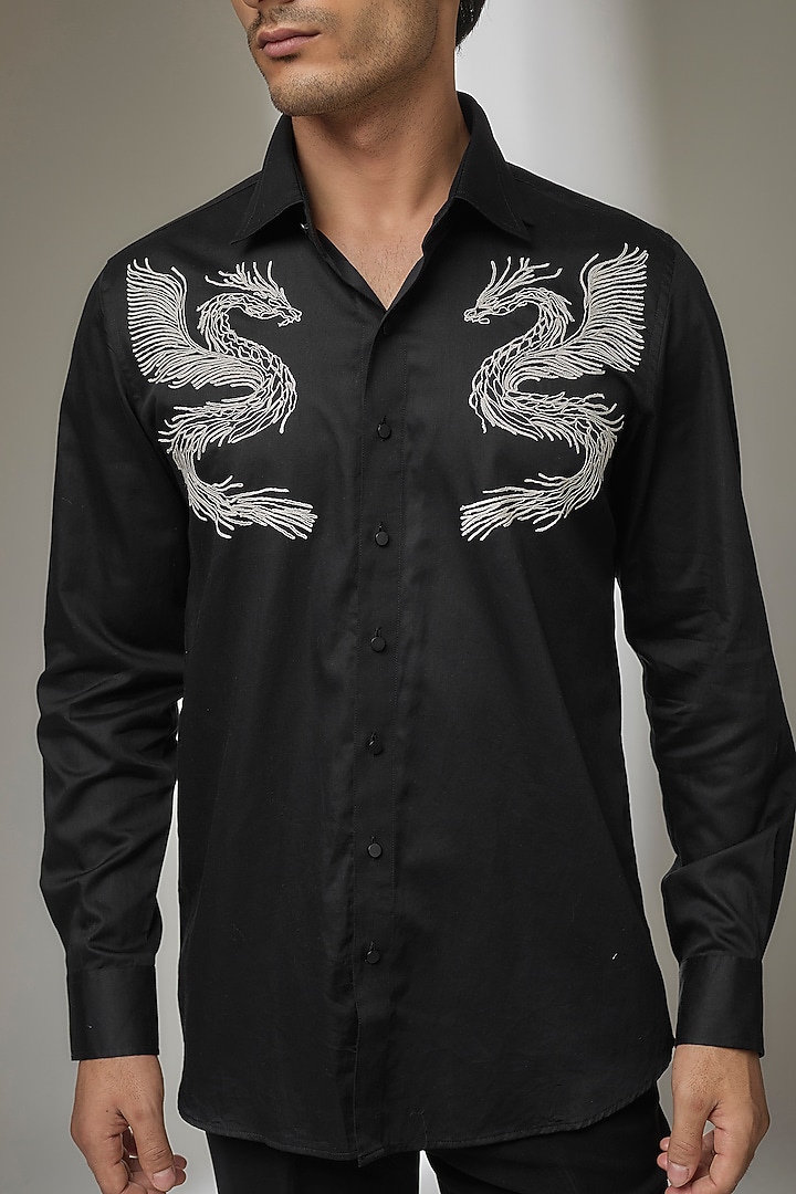 Black Premium Giza cotton Embroidered Party Wear Shirt by SALIL BHATIA at Pernia's Pop Up Shop