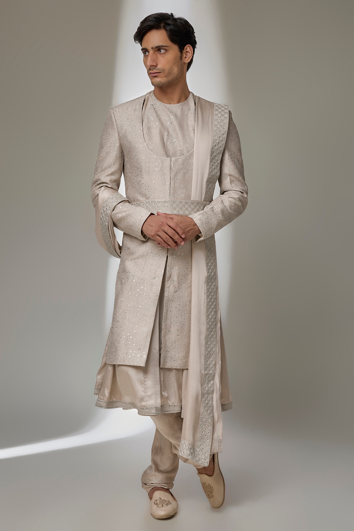 SALIL BHATIA Oyster Beige Dola Silk Zari Embellished Sherwani Set