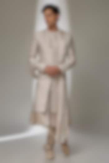Oyster Beige Dola Silk Zari Embellished Groom Sherwani Set by SALIL BHATIA at Pernia's Pop Up Shop