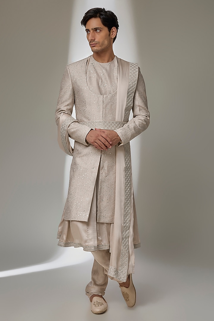 Oyster Beige Dola Silk Zari Embellished Groom Sherwani Set by SALIL BHATIA at Pernia's Pop Up Shop