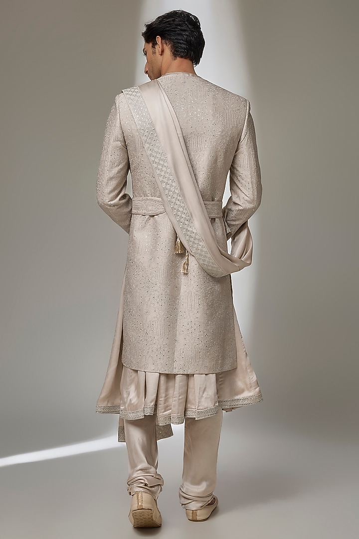 Oyster Beige Dola Silk Zari Embellished Groom Sherwani Set by SALIL BHATIA at Pernia's Pop Up Shop