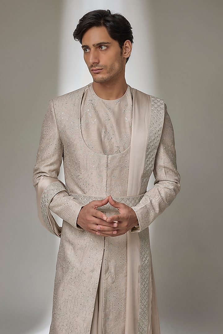 Oyster Beige Dola Silk Zari Embellished Groom Sherwani Set by SALIL BHATIA at Pernia's Pop Up Shop