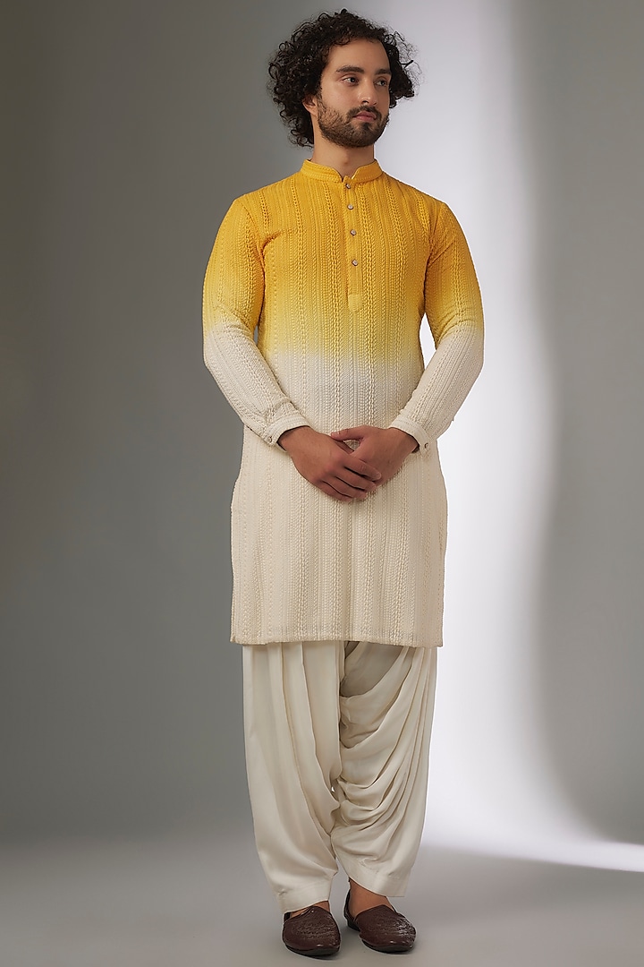 Yellow & Ivory Georgette Thread Work & Ombre Printed Kurta Set by SALIL BHATIA