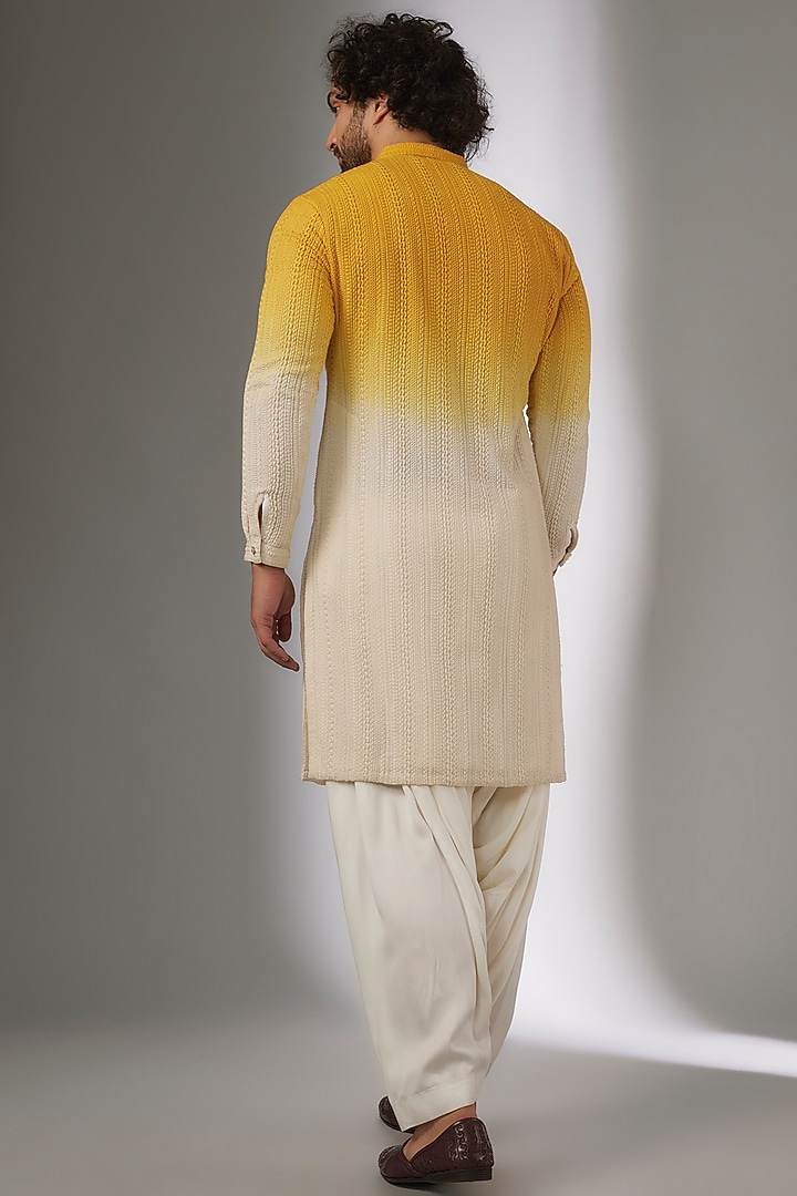 Yellow & Ivory Georgette Thread Work & Ombre Printed Kurta Set by SALIL BHATIA at Pernia's Pop Up Shop