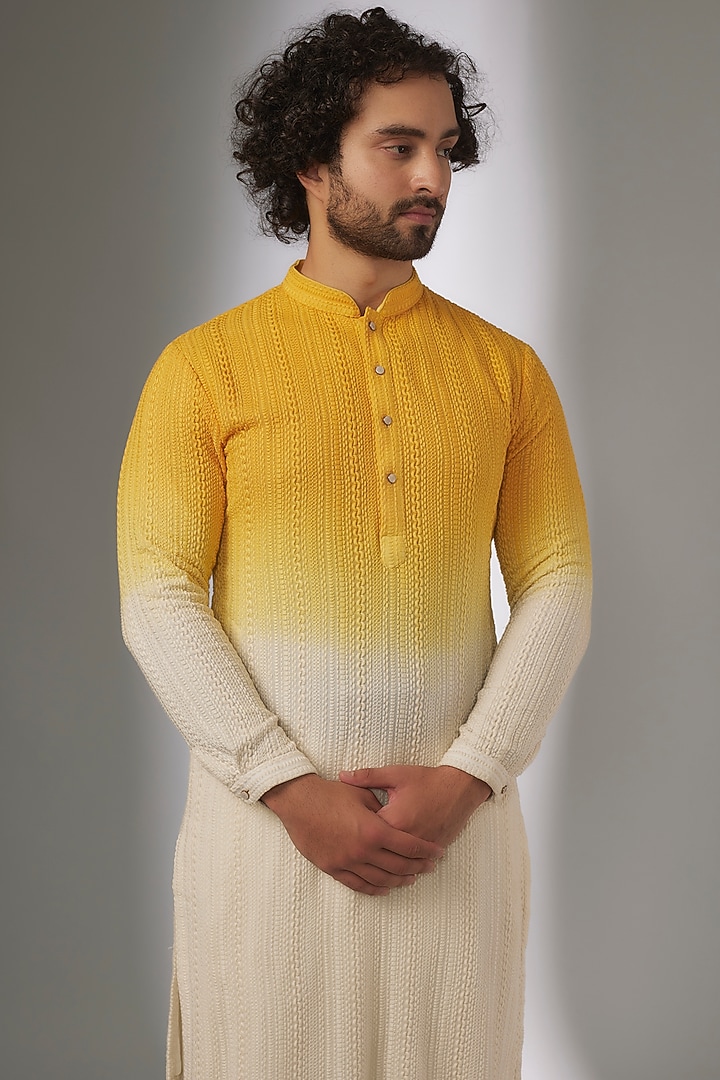 Yellow & Ivory Georgette Thread Work & Ombre Printed Kurta Set by SALIL BHATIA at Pernia's Pop Up Shop