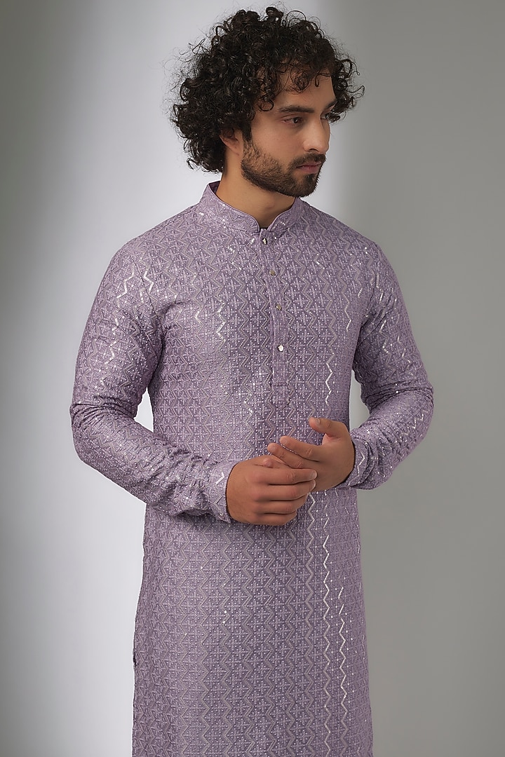 Lavender Dola Silk Thread & Sequins Embellished Kurta Set by SALIL BHATIA at Pernia's Pop Up Shop
