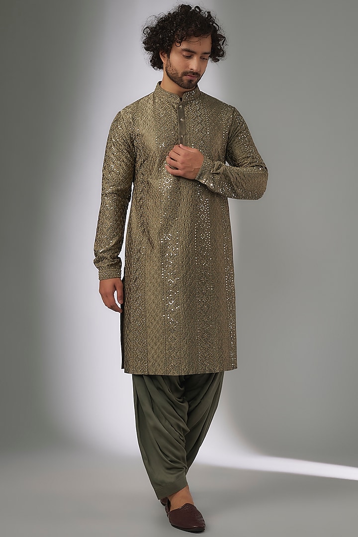 Mehendi Green Pure Silk Thread & Mirror Work Kurta Set by SALIL BHATIA