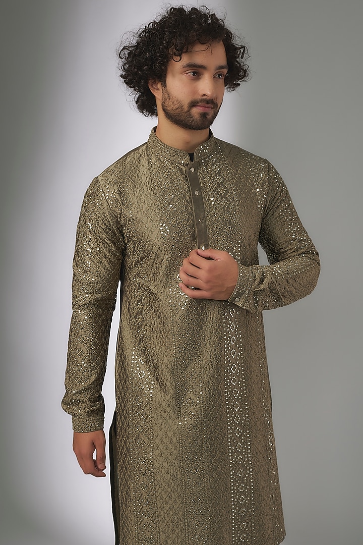 Mehendi Green Pure Silk Thread & Mirror Work Kurta Set by SALIL BHATIA at Pernia's Pop Up Shop