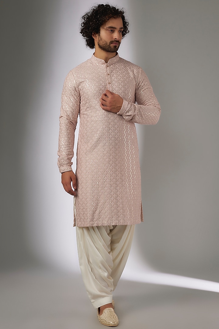 Shell Pink Dola Silk Thread & Sequins Embellished Kurta Set by SALIL BHATIA