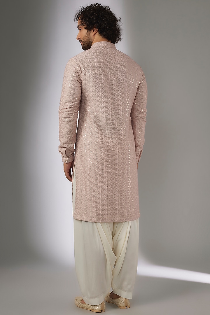 Shell Pink Dola Silk Thread & Sequins Embellished Kurta Set by SALIL BHATIA at Pernia's Pop Up Shop