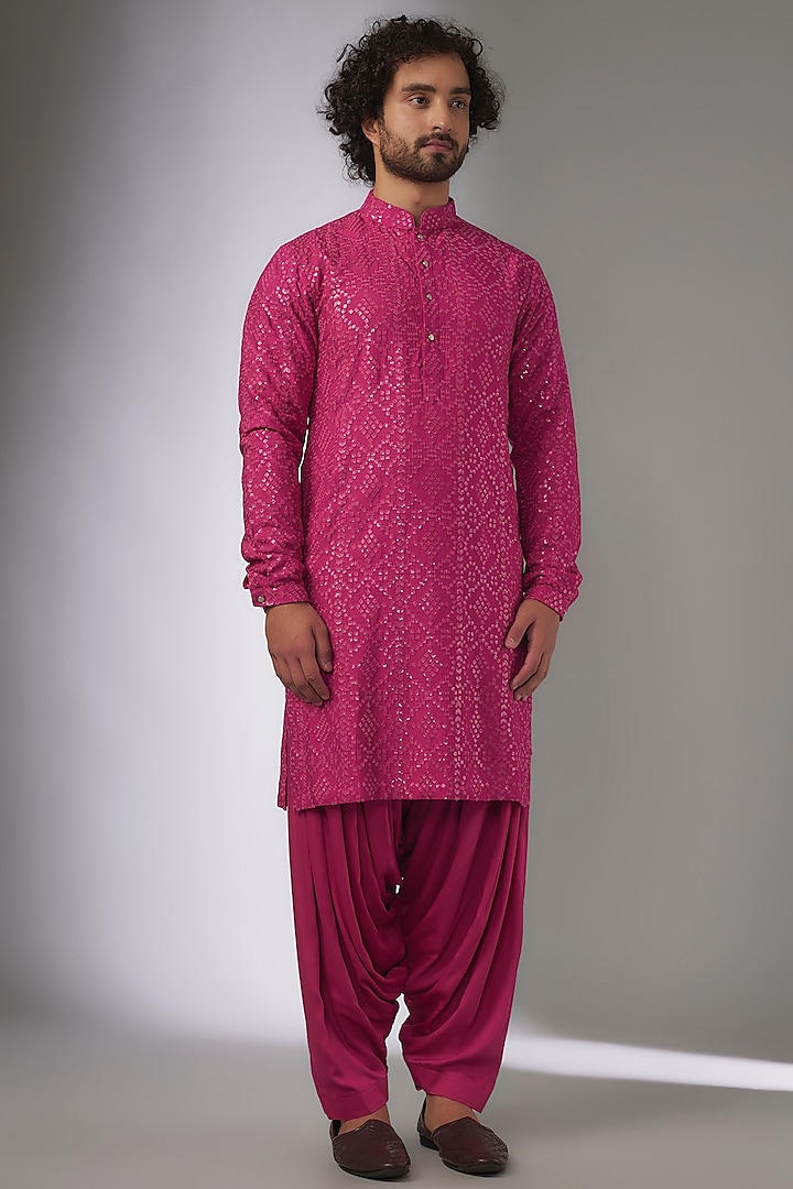 Hot Pink Dola Silk Thread & Sequins Embellished Kurta Set by SALIL BHATIA