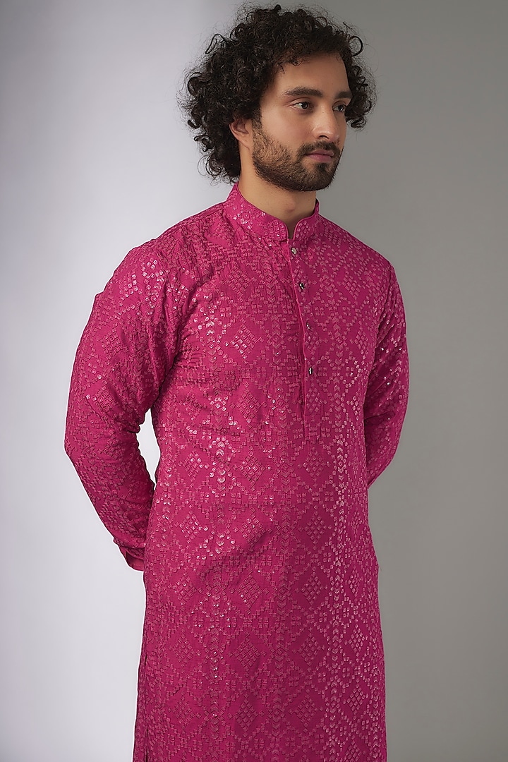 Hot Pink Dola Silk Thread & Sequins Embellished Kurta Set by SALIL BHATIA at Pernia's Pop Up Shop