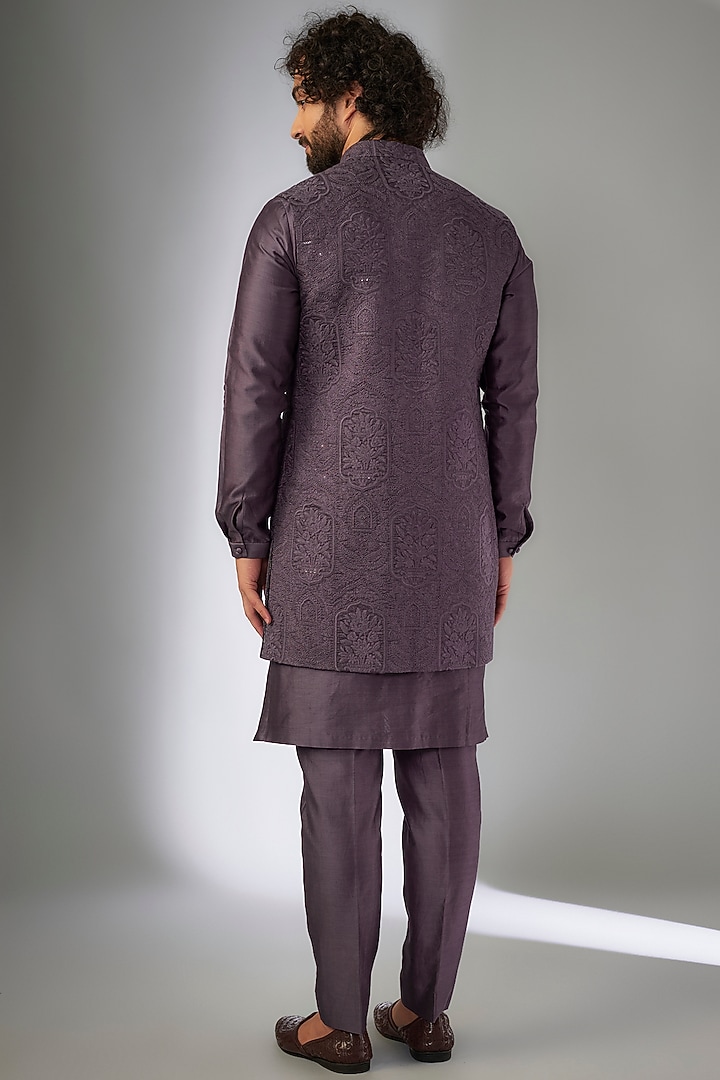 Plum Dola Silk Thread Embellished Indo-Western Set by SALIL BHATIA at Pernia's Pop Up Shop