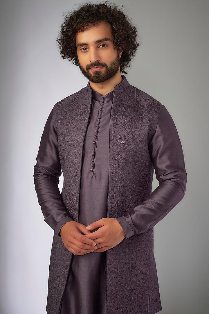 Plum Dola Silk Thread Embellished Indo-Western Set by SALIL BHATIA at Pernia's Pop Up Shop