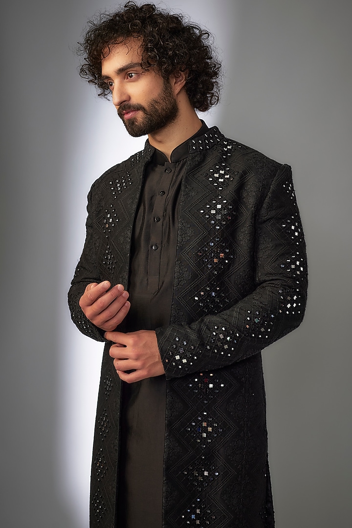 Black Dola Silk Mirror Embroidered Indo-Western Set by SALIL BHATIA at Pernia's Pop Up Shop