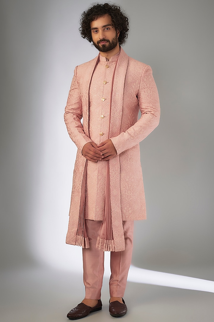 Shell Pink Silk Chanderi Thread Embroidered Groom Sherwani Set by SALIL BHATIA at Pernia's Pop Up Shop