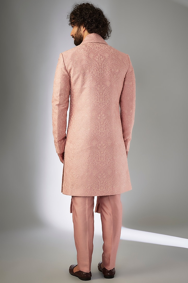 Shell Pink Silk Chanderi Thread Embroidered Groom Sherwani Set by SALIL BHATIA at Pernia's Pop Up Shop