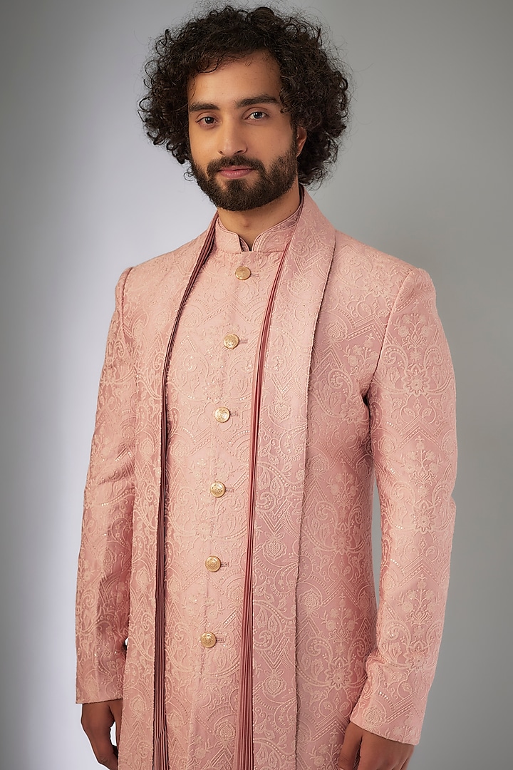 Shell Pink Silk Chanderi Thread Embroidered Groom Sherwani Set by SALIL BHATIA at Pernia's Pop Up Shop