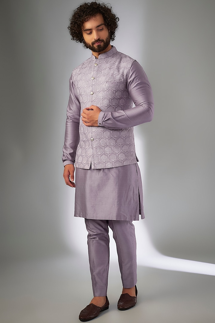 Plum Dola Silk Thread Embellished Nehru Jacket Set  by SALIL BHATIA at Pernia's Pop Up Shop