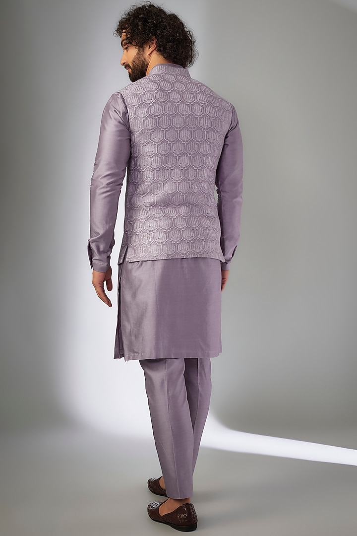 Plum Dola Silk Thread Embellished Nehru Jacket Set  by SALIL BHATIA at Pernia's Pop Up Shop