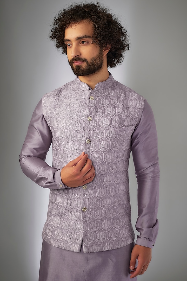 Plum Dola Silk Thread Embellished Nehru Jacket Set  by SALIL BHATIA at Pernia's Pop Up Shop