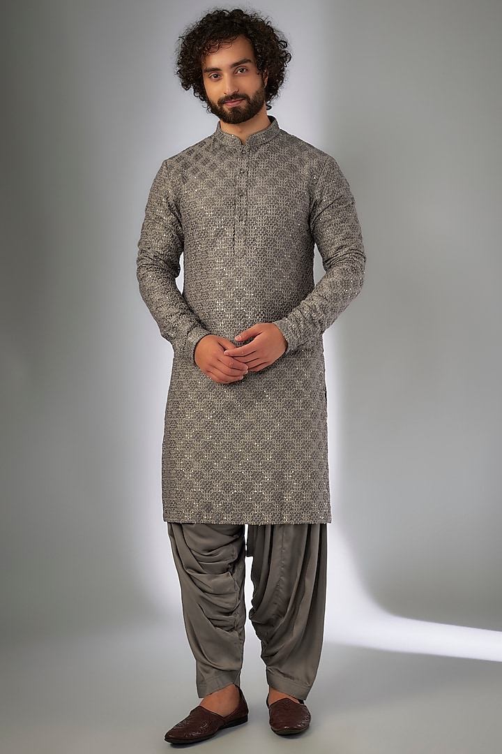 Sage Green Dola Silk Thread Embroidered Kurta Set by SALIL BHATIA at Pernia's Pop Up Shop