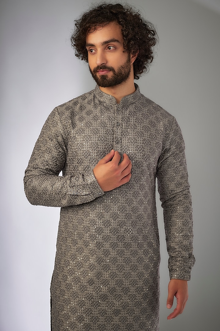 Sage Green Dola Silk Thread Embroidered Kurta Set by SALIL BHATIA at Pernia's Pop Up Shop