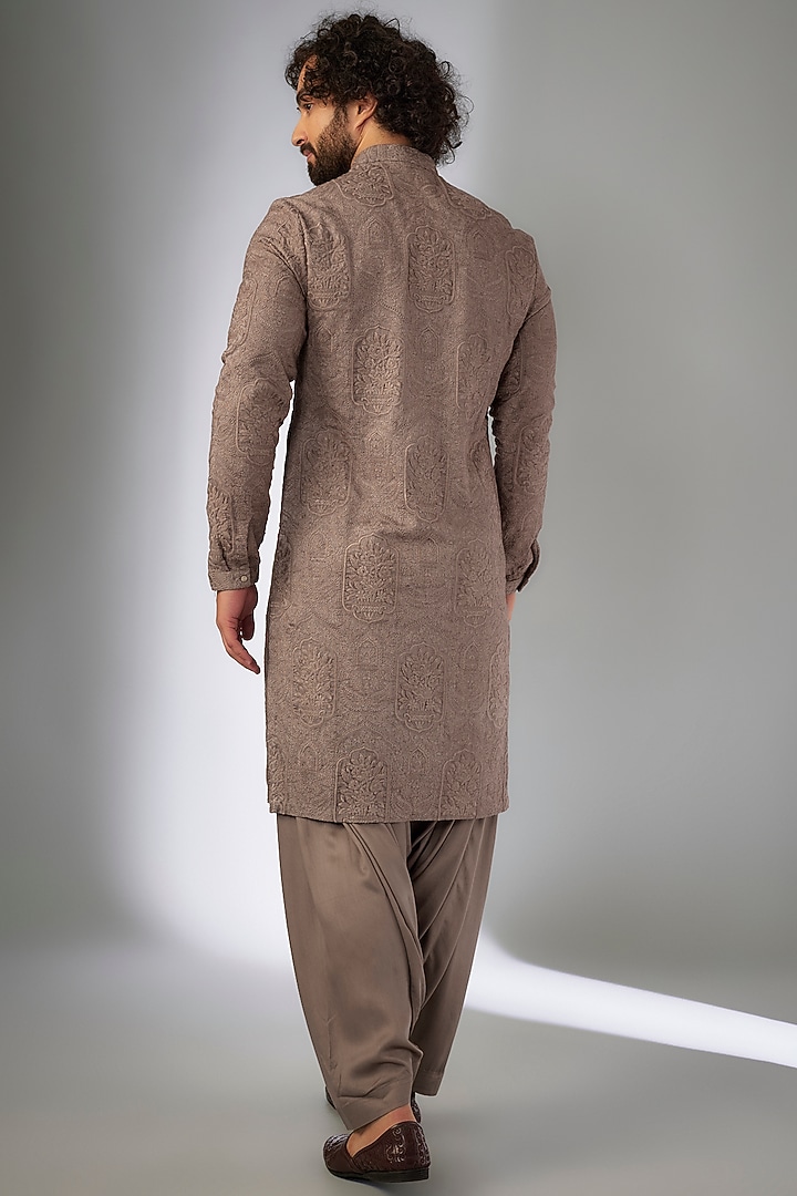 Chestnut Colored Dola Silk Thread Embroidered Kurta Set by SALIL BHATIA at Pernia's Pop Up Shop