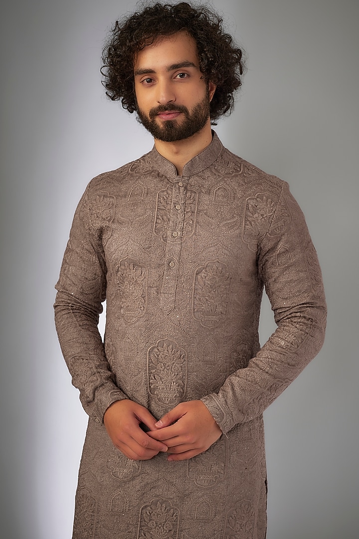 Chestnut Colored Dola Silk Thread Embroidered Kurta Set by SALIL BHATIA at Pernia's Pop Up Shop