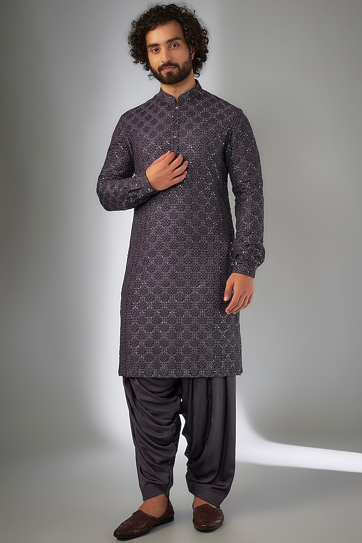 Plum Dola Silk Thread Embellished Kurta Set by SALIL BHATIA