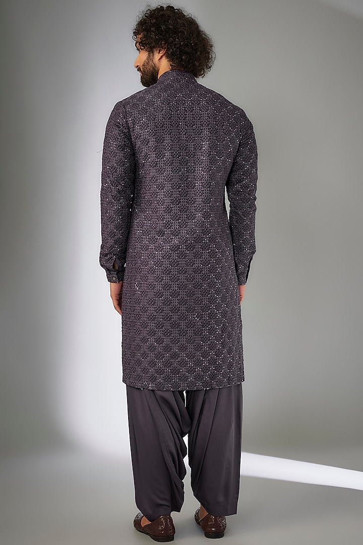 Plum Dola Silk Thread Embellished Kurta Set by SALIL BHATIA at Pernia's Pop Up Shop