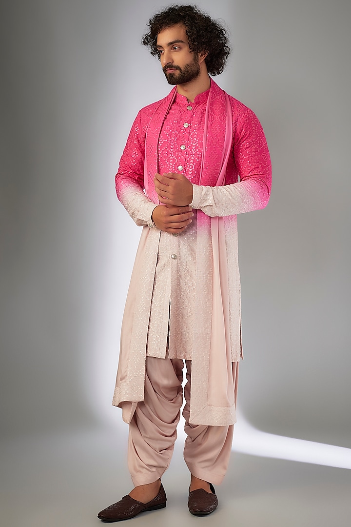 Pink Ombre Dola Silk Sequins Embroidered Kurta Set by SALIL BHATIA