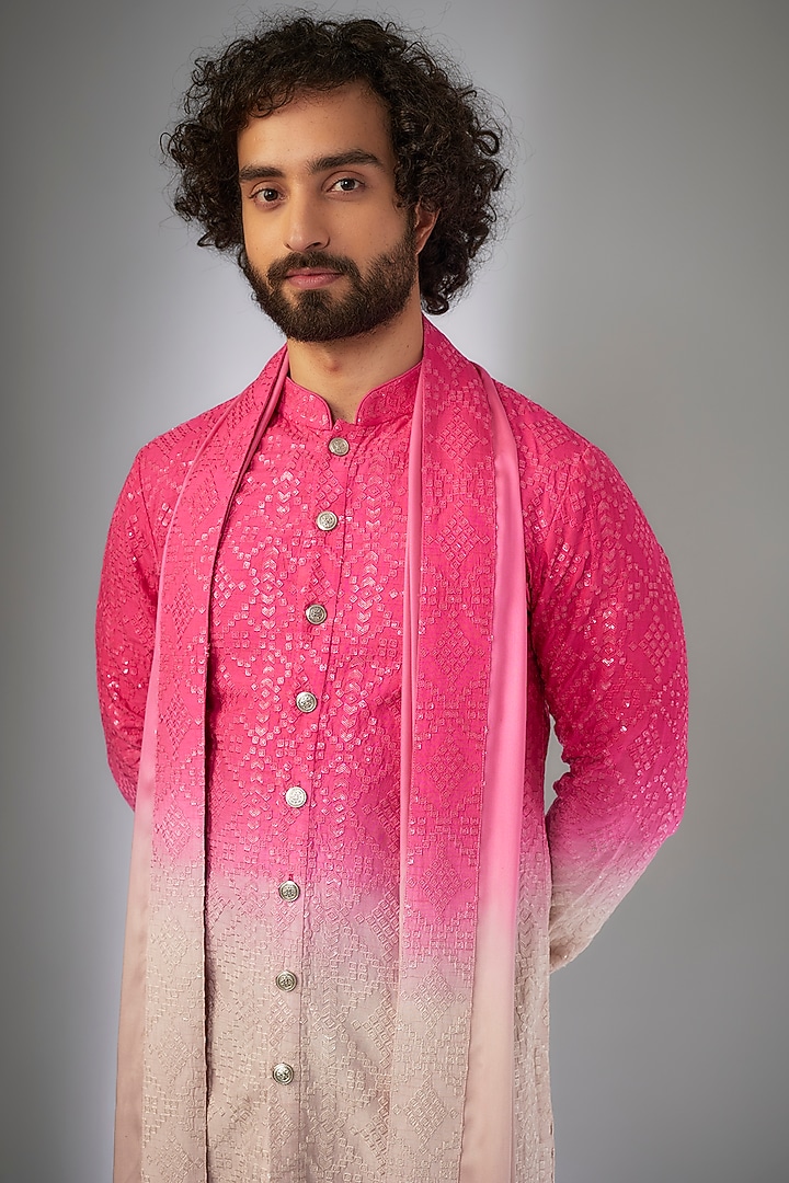 Pink Ombre Dola Silk Sequins Embroidered Kurta Set by SALIL BHATIA at Pernia's Pop Up Shop