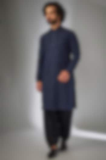 Royal Blue Silk Chanderi Thread Embellished Kurta Set by SALIL BHATIA