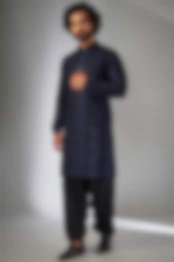 Navy Blue Dola Silk Thread Embellished Kurta Set by SALIL BHATIA