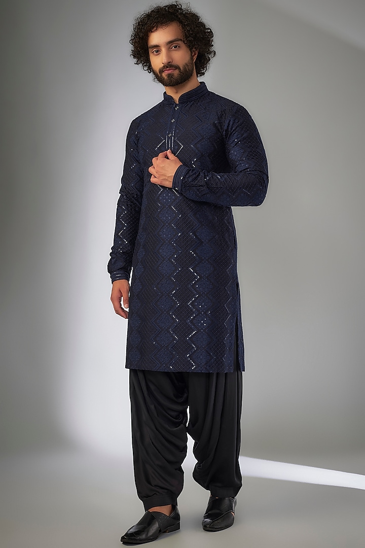 Navy Blue Dola Silk Thread Embellished Kurta Set by SALIL BHATIA