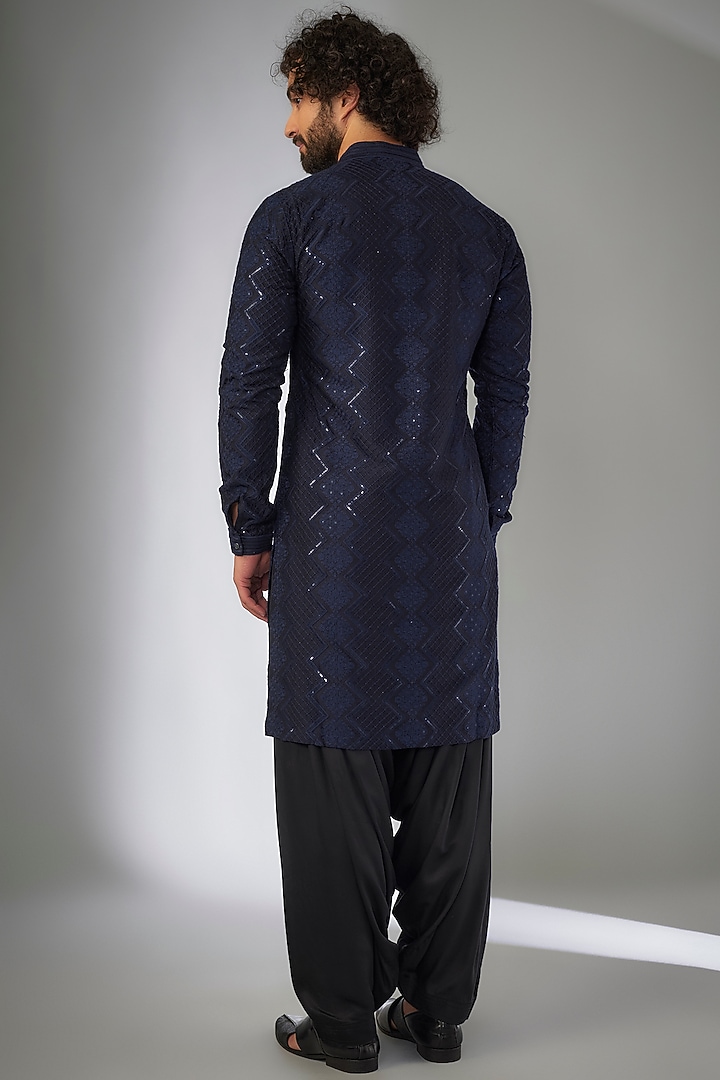 Navy Blue Dola Silk Thread Embellished Kurta Set by SALIL BHATIA at Pernia's Pop Up Shop