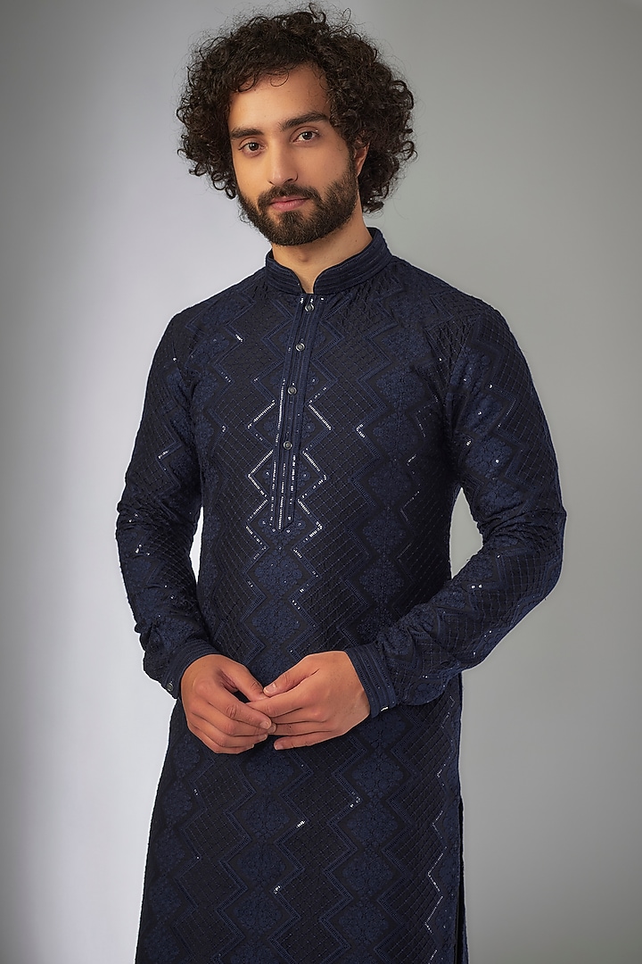 Navy Blue Dola Silk Thread Embellished Kurta Set by SALIL BHATIA at Pernia's Pop Up Shop